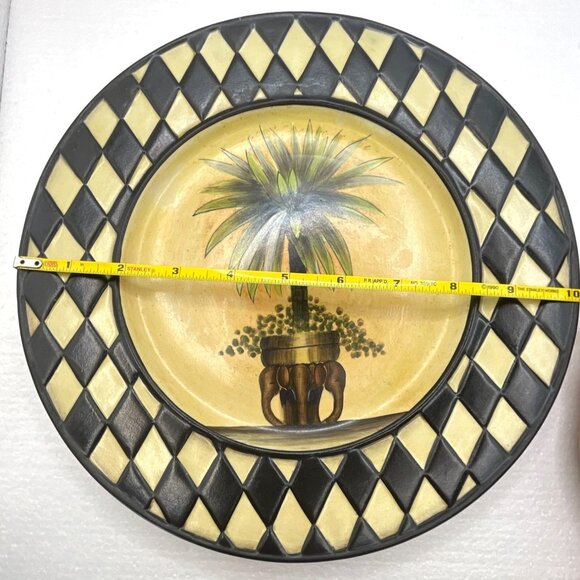 Home Interiors Palm Tree Plate Black Ivory Harlequin Diamond Border 10" Décor - Picture 4 of 7